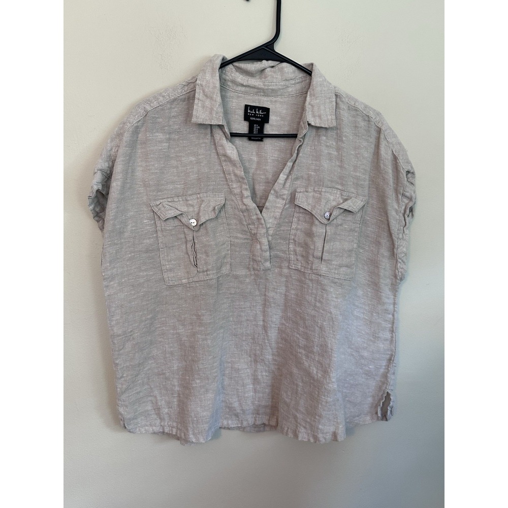 Nicole Miller New York 100% Linen LARGE Cap Sleeve Boxy Cute Short Sleeve Blouse